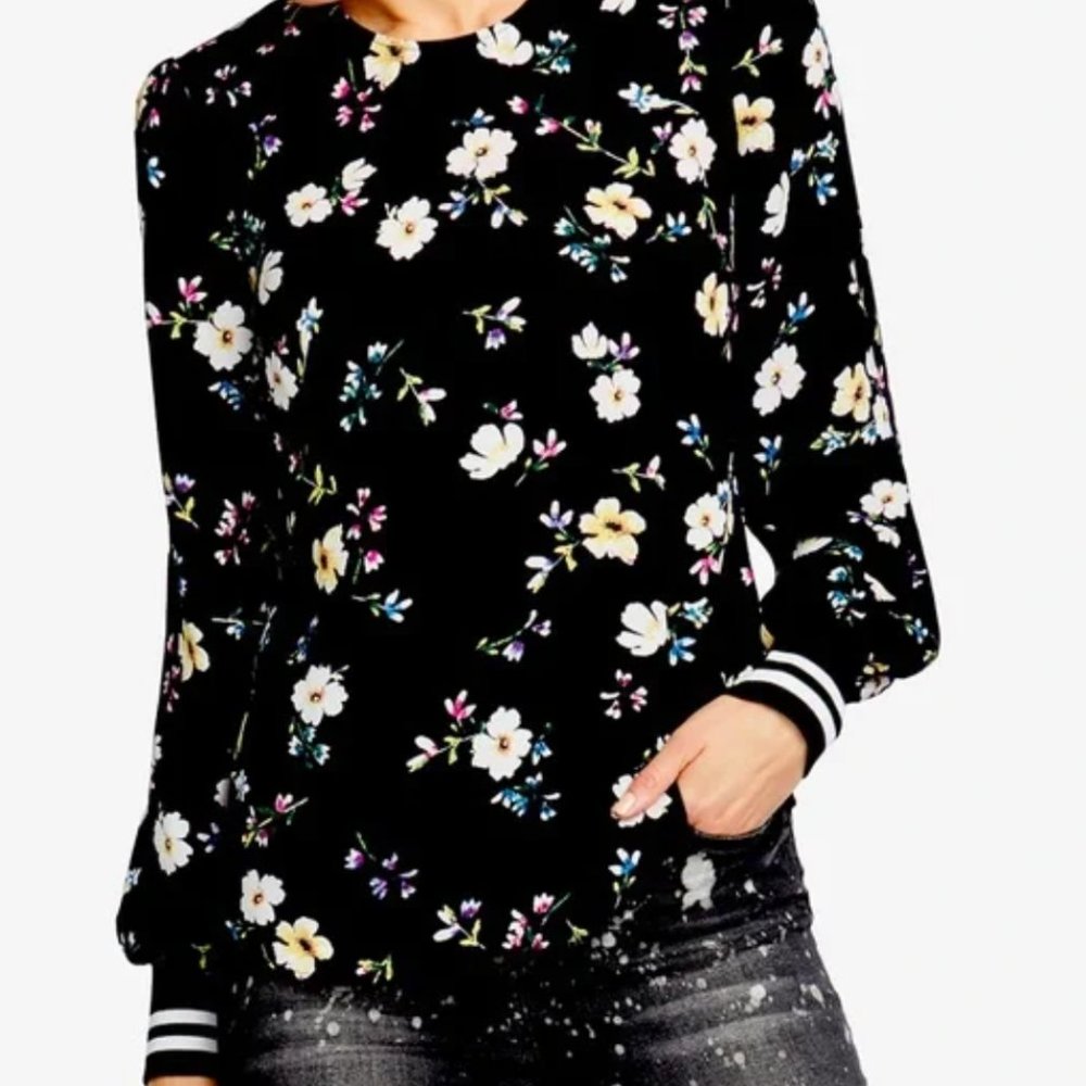 Rachel Roy Floral Long Sleeve Top with Striped Cuffs